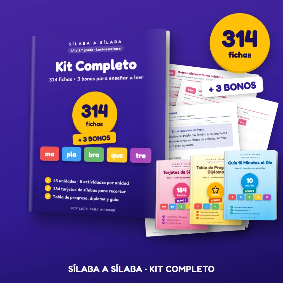 Kit Completo Sílaba a Sílaba: 314 fichas y 3 bonos